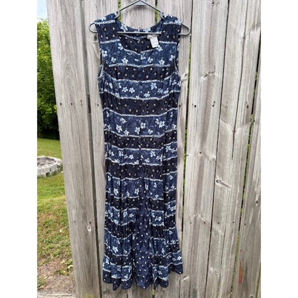 Vintage 90s Boho Sarah Richards Floral‎ Maxi Dress Womens 8 Blue